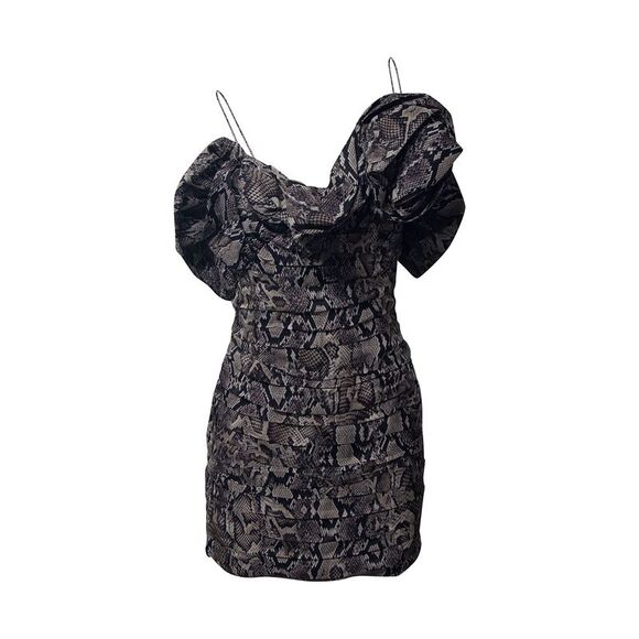 Magda Butrym Ruffled Off Shoulder Dress with Snake Skin Print in Grey Silk - Picture 1 of 9